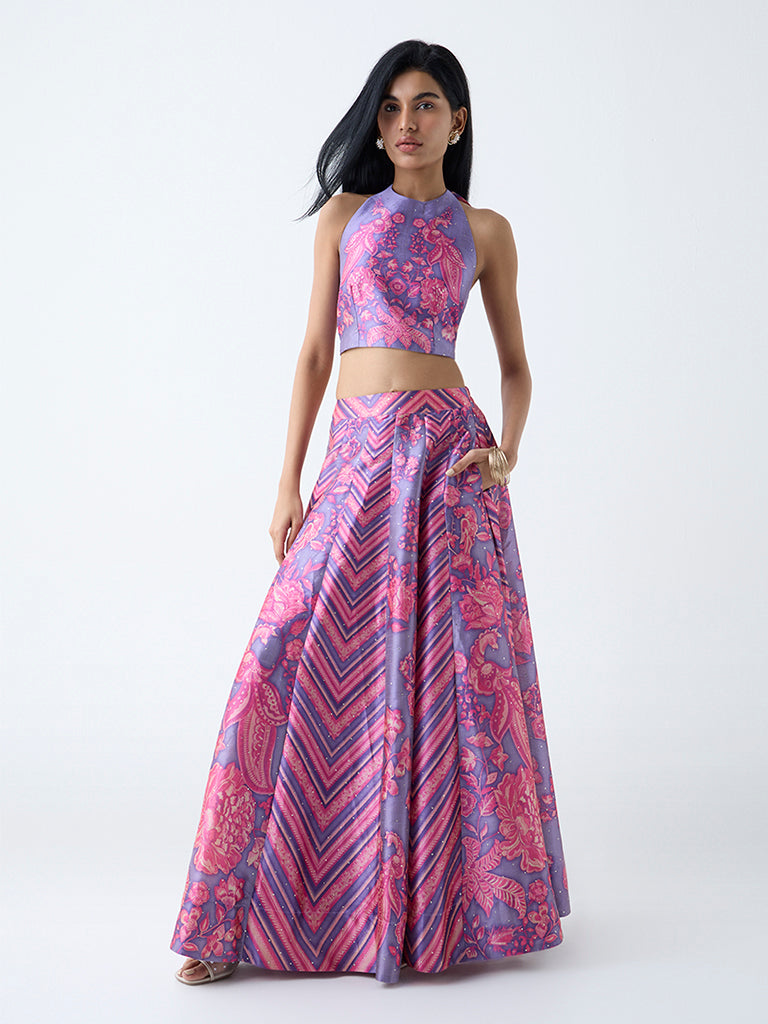 Westside Vark Women's Purple Printed Maxi Skirt for Festival Wear Full View