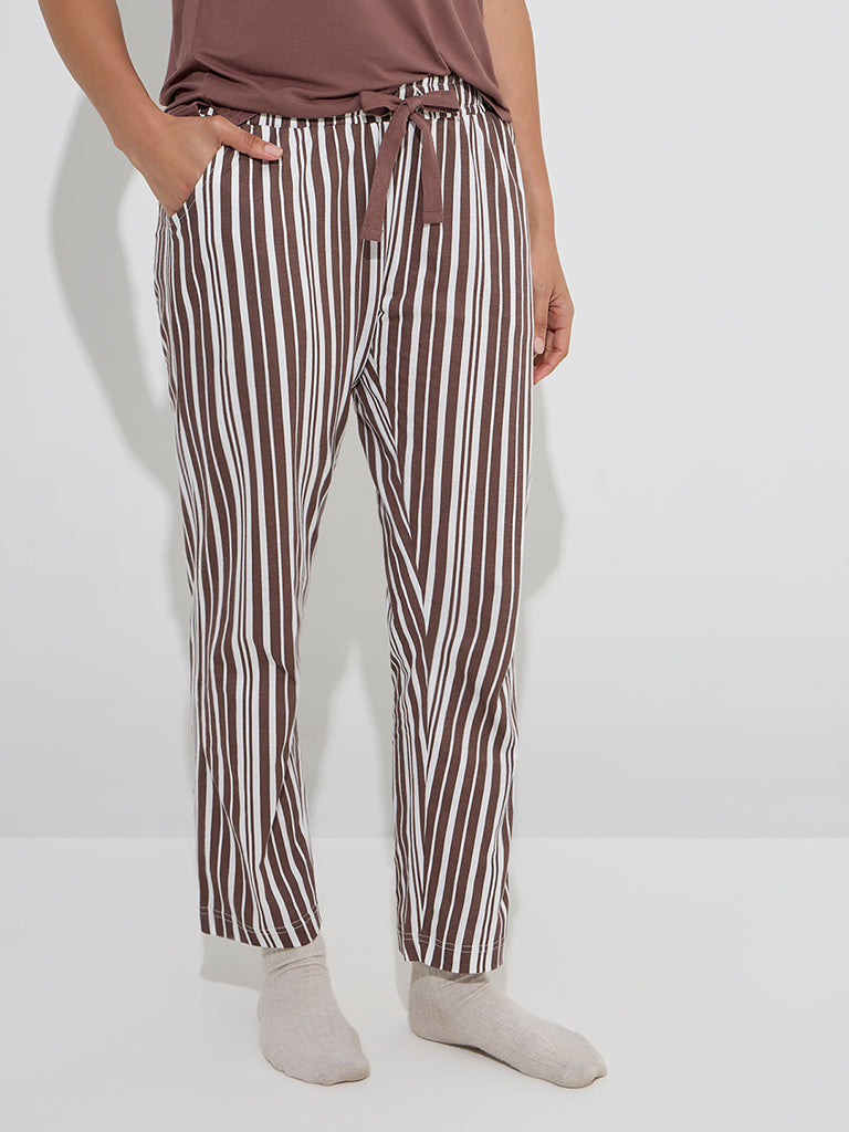 Westside Wunderlove Women's Dark Brown Striped High-Rise Cotton Pyjamas for Casual Wear Front View