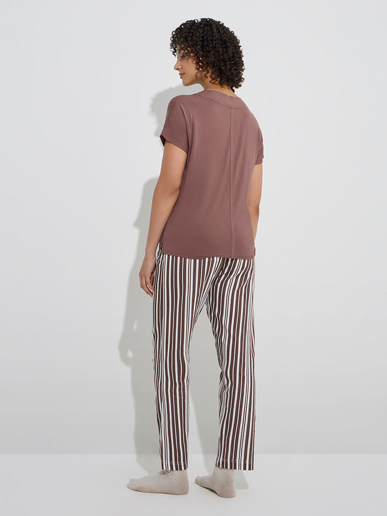Westside Wunderlove Women's Dark Brown Striped High-Rise Cotton Pyjamas for Casual Wear Back View