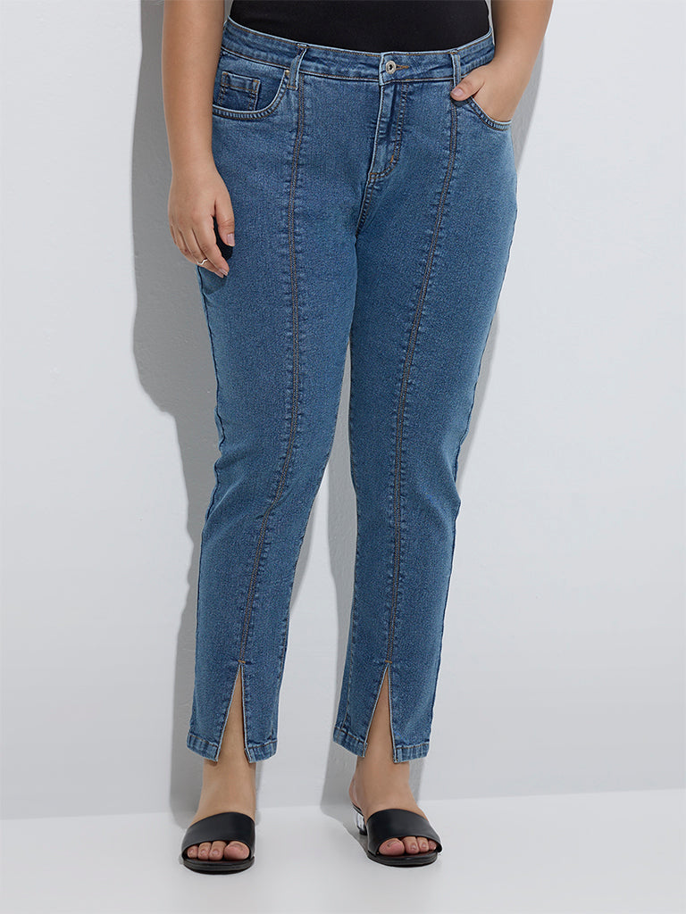Westside Gia Women's Blue Slit Detailed Relaxed-Fit High-Rise Jeans for Casual Wear Front View