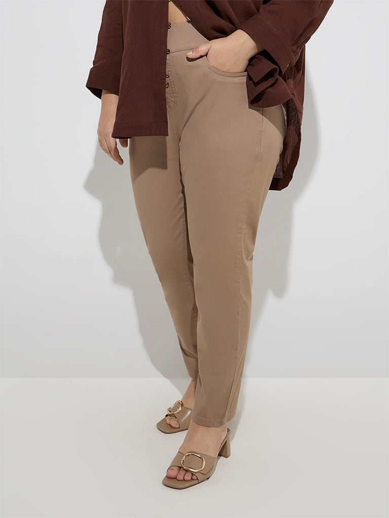 Westside Gia Women's Taupe High-Rise Cotton-Blend Jeggings for Casual Wear Front View