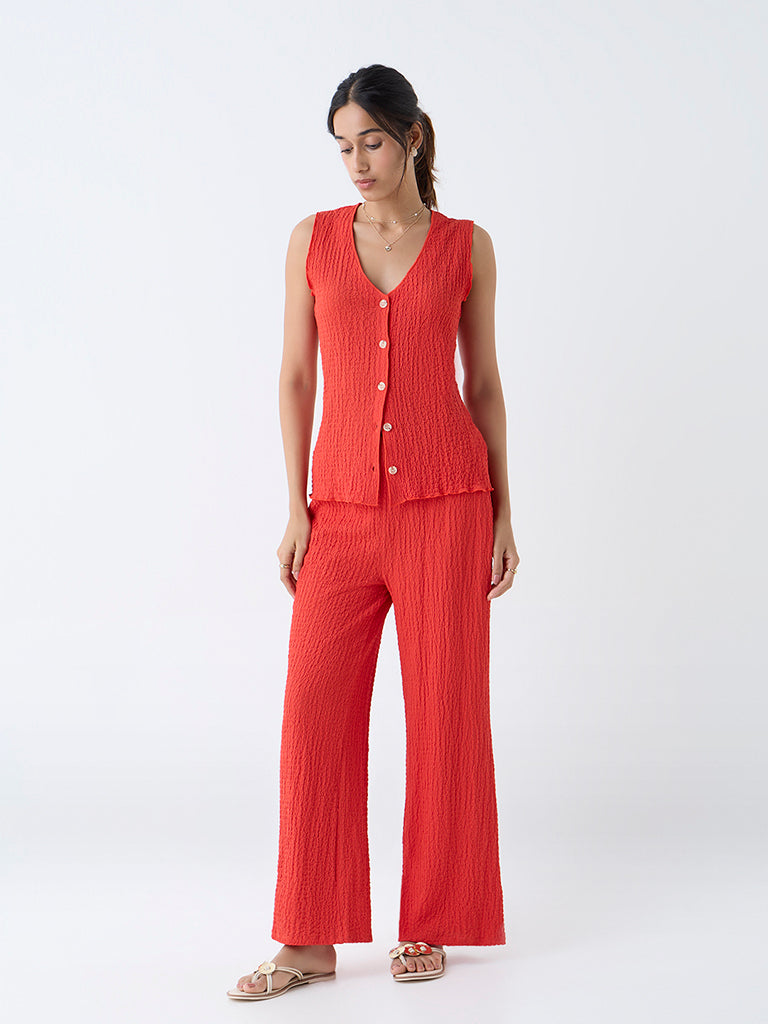 Westside LOV Women's Red Crinkle-Textured Vest Top for Casual Wear Front View