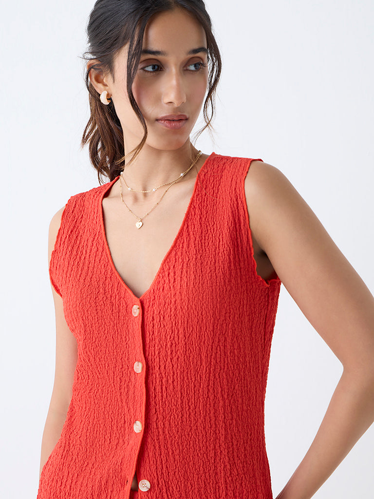 Westside LOV Women's Red Crinkle-Textured Vest Top for Casual Wear Zoomed View