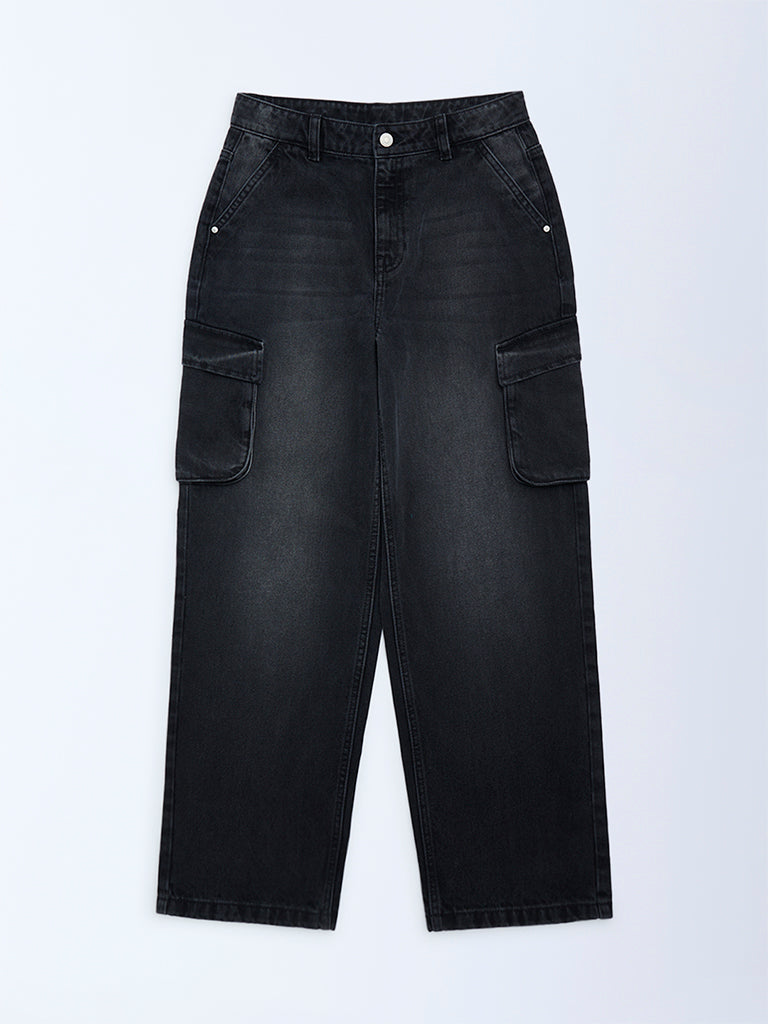 Boys Charcoal Washed Relaxed-Fit Mid-Rise Jeans