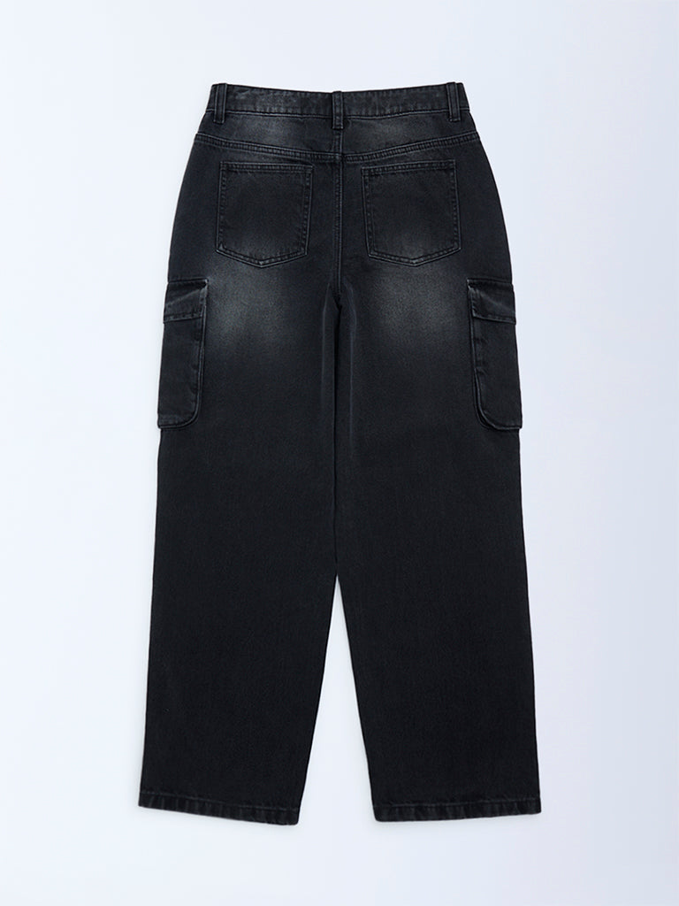 Boys Charcoal Washed Relaxed-Fit Mid-Rise Jeans