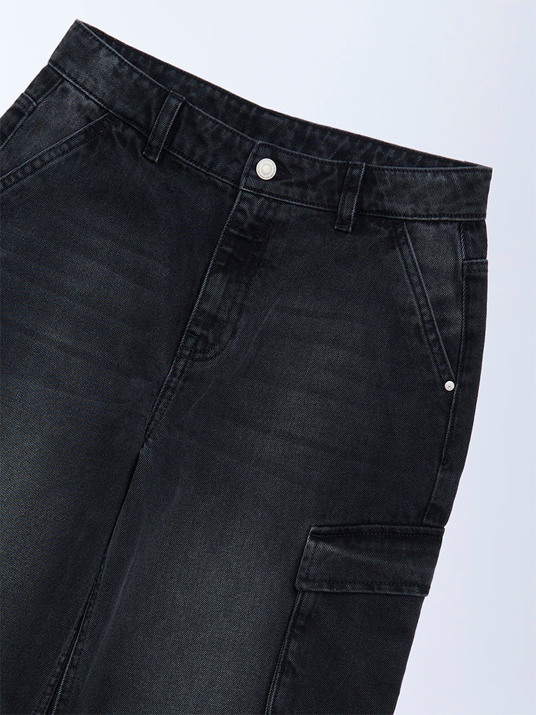 Boys Charcoal Washed Relaxed-Fit Mid-Rise Jeans