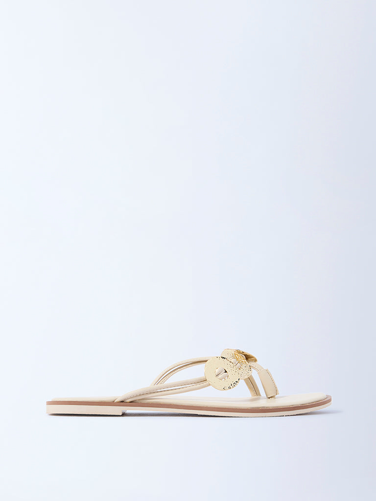 Westside LUNA BLU Women's Ivory Metallic Disc Flip-Flops for Casual Wear Side View