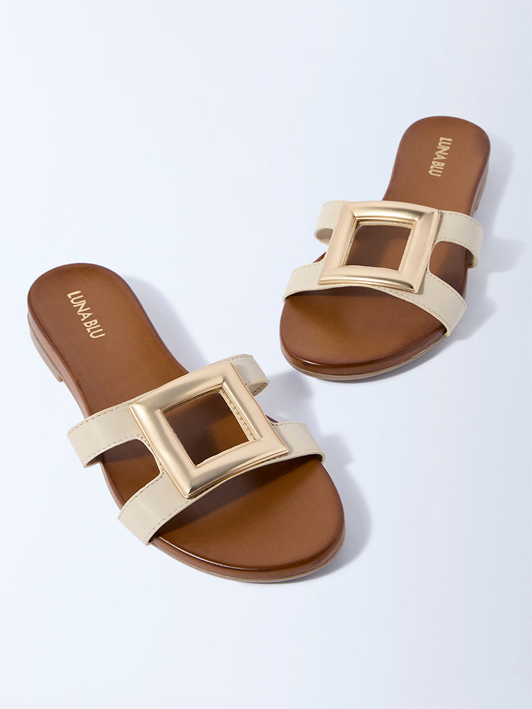 Westside LUNA BLU Women's Ivory Hardware-Detailed Slides for Casual Wear Zoomed View