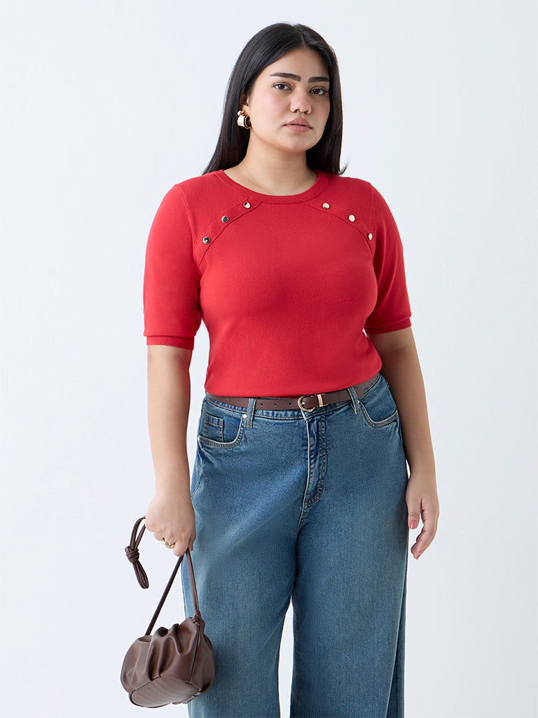 Westside Gia Women's Red Solid Knitted T-Shirt for Casual Wear Front view