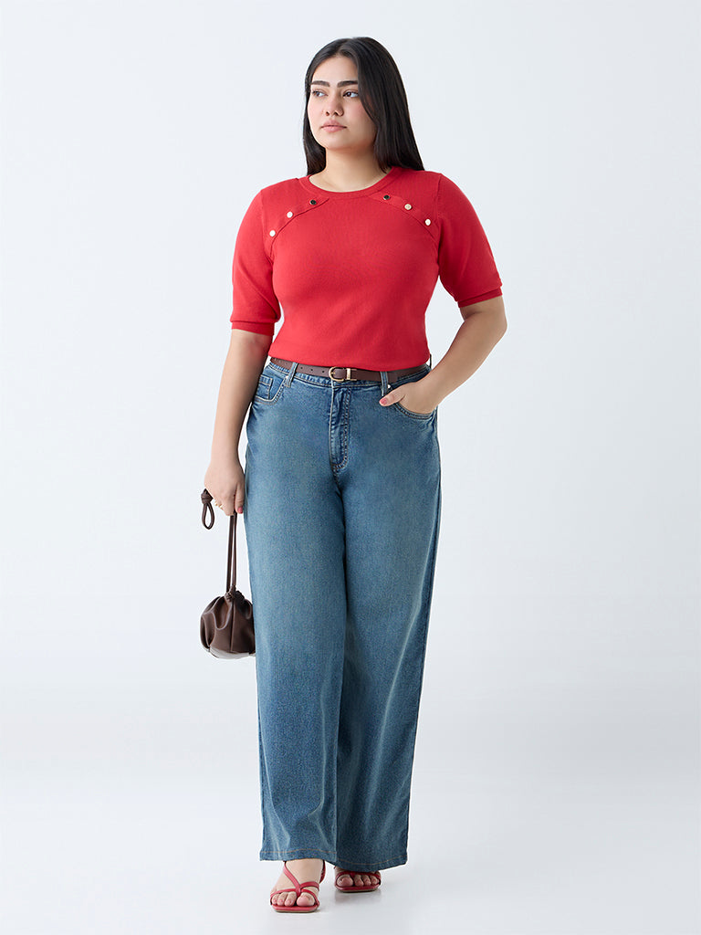 Westside Gia Women's Red Solid Knitted T-Shirt for Casual Wear Full View