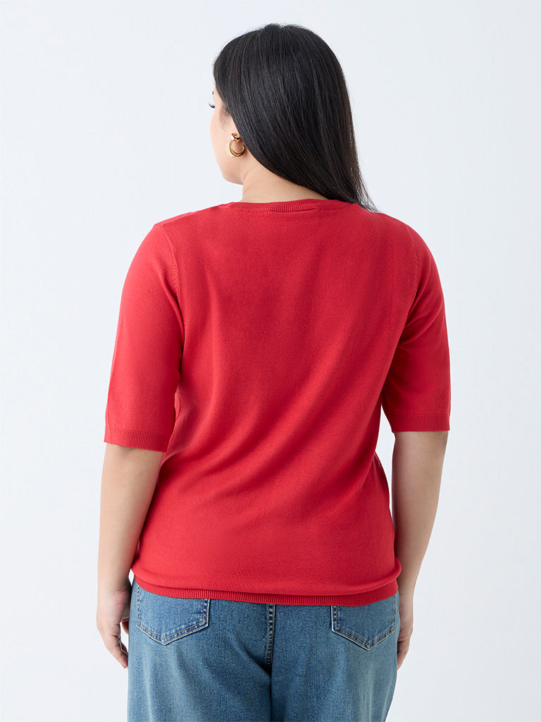 Westside Gia Women's Red Solid Knitted T-Shirt for Casual Wear Back View