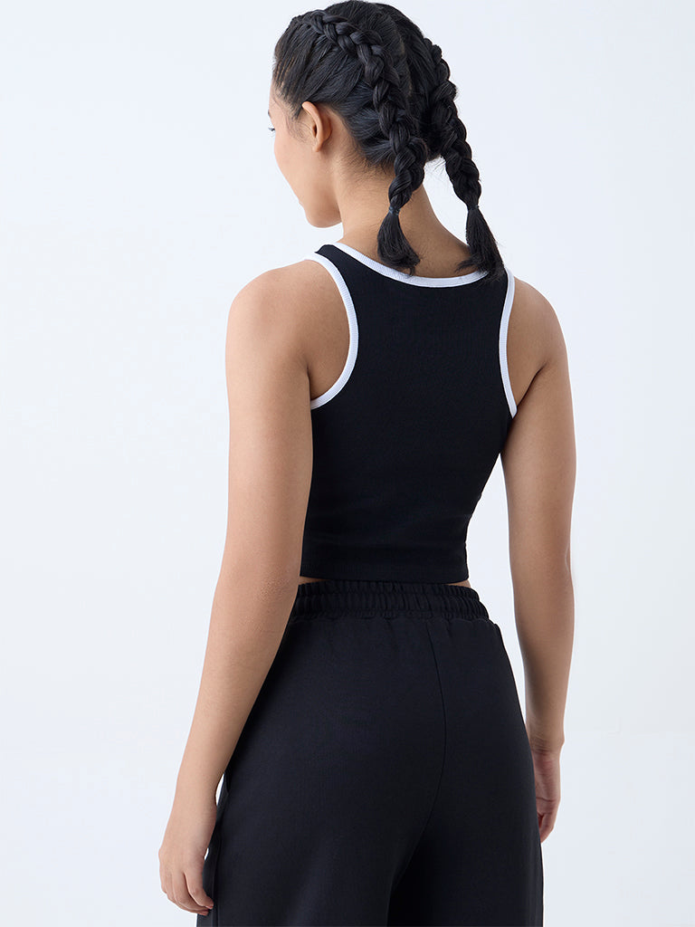 Studiofit Black Ribbed-Textured Cotton-Blend Tank Top