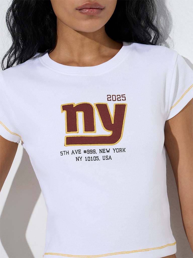Buy Studiofit White Typographic Ribbed Cotton-Blend T-Shirt