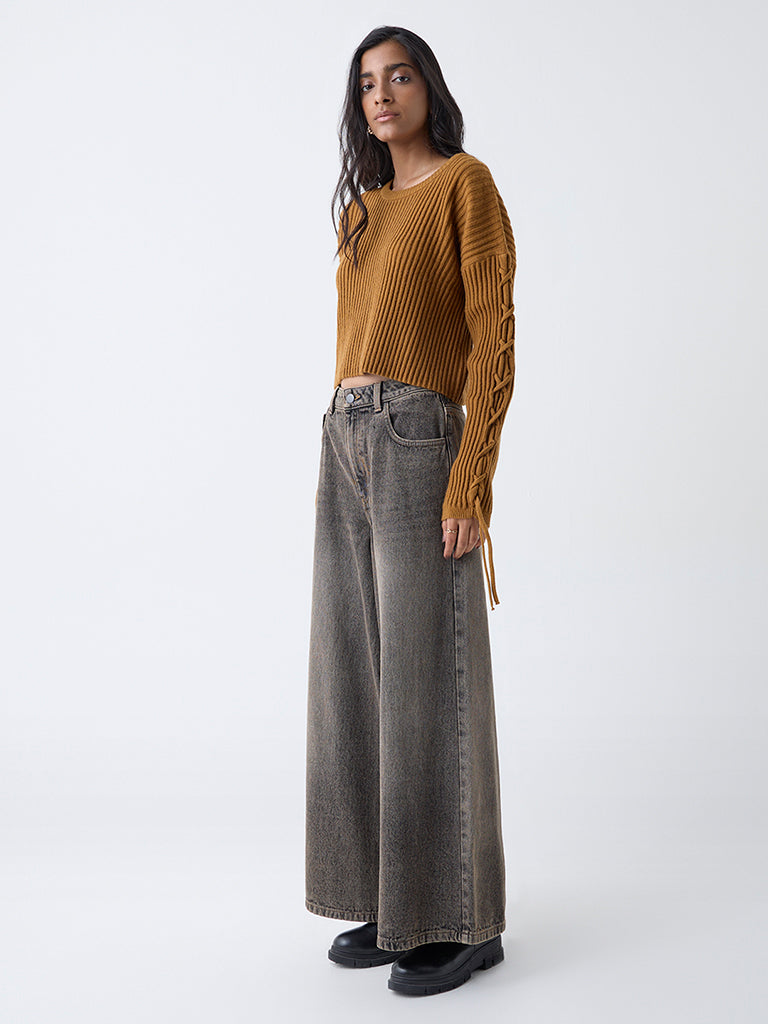 Nuon Mustard Self-Striped Sweater