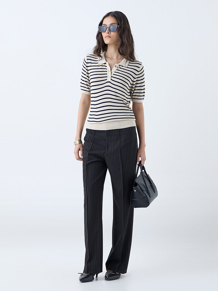 Westside Wardrobe Women's Beige Stripe Knitted Polo T-Shirt for Work Wear Full View