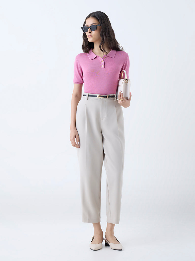 Westside Wardrobe Women's Pink Knit-Textured Polo T-Shirt for Work Wear Full View