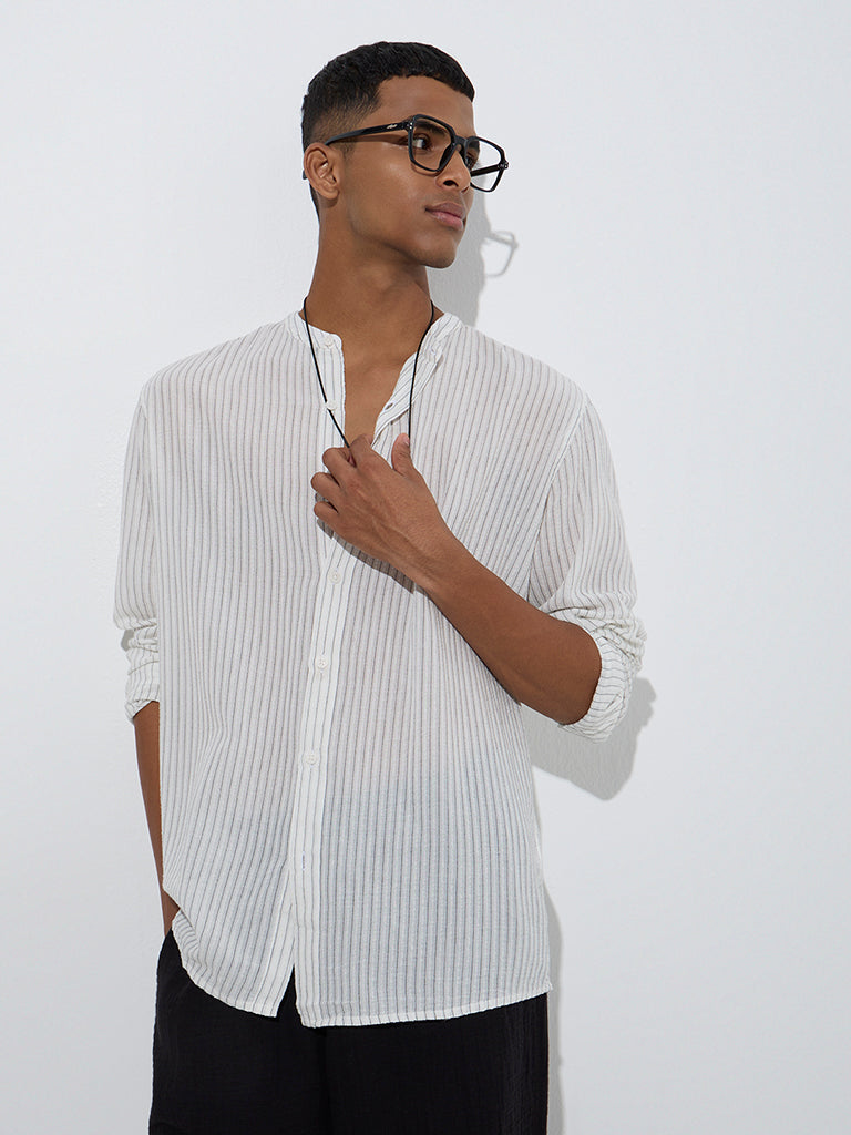 Westside ETA Men's Off-White Stripe Patterned Relaxed-Fit Cotton Shirt for Casual Wear Front View