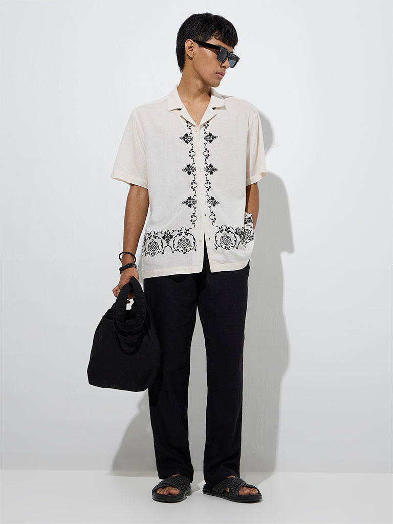Westside ETA Men's Off-White Embroidered Relaxed-Fit Shirt for Casual Wear Full Model View
