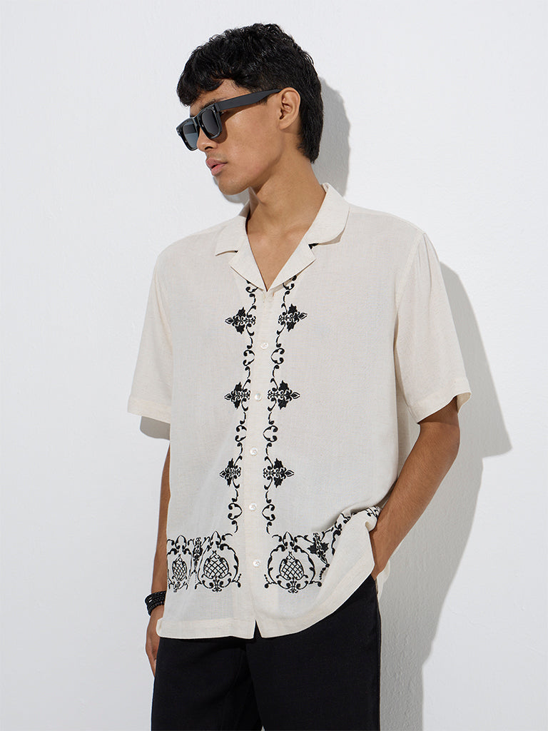 Westside ETA Men's Off-White Embroidered Relaxed-Fit Shirt for Casual Wear Front View