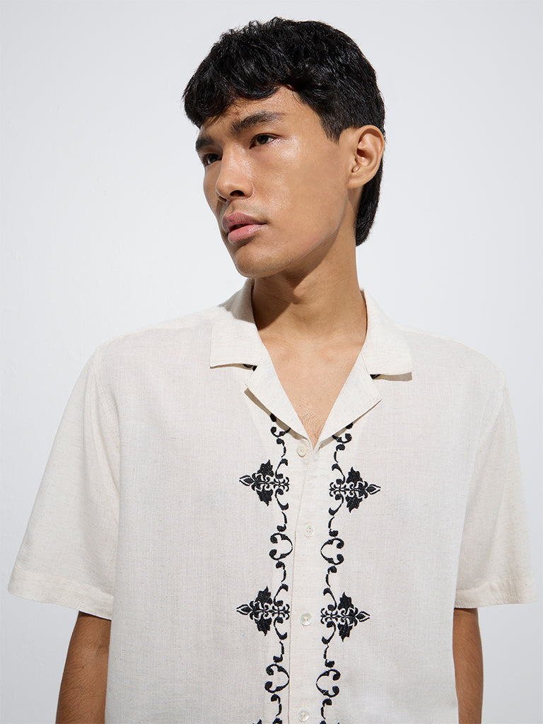 Westside ETA Men's Off-White Embroidered Relaxed-Fit Shirt for Casual Wear Zoom View