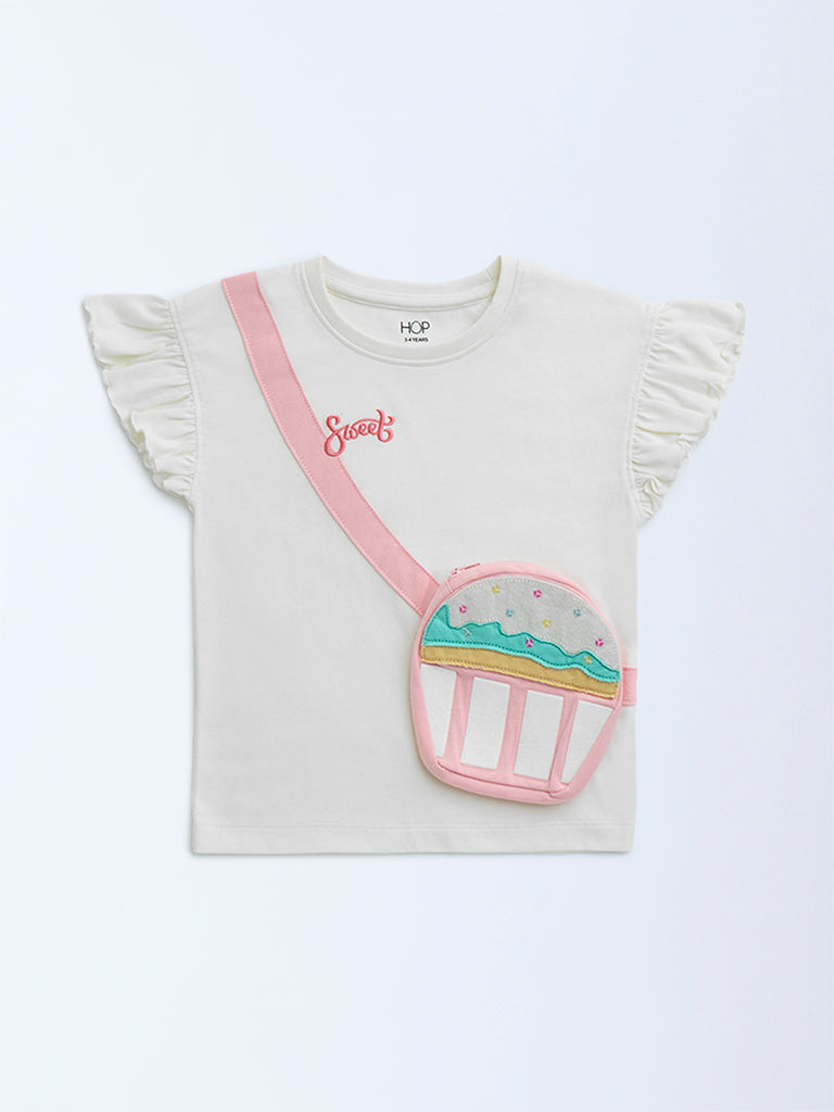 Westside HOP Kids Off-White Pouch-Detailed Cotton Top for Casual Wear Front View