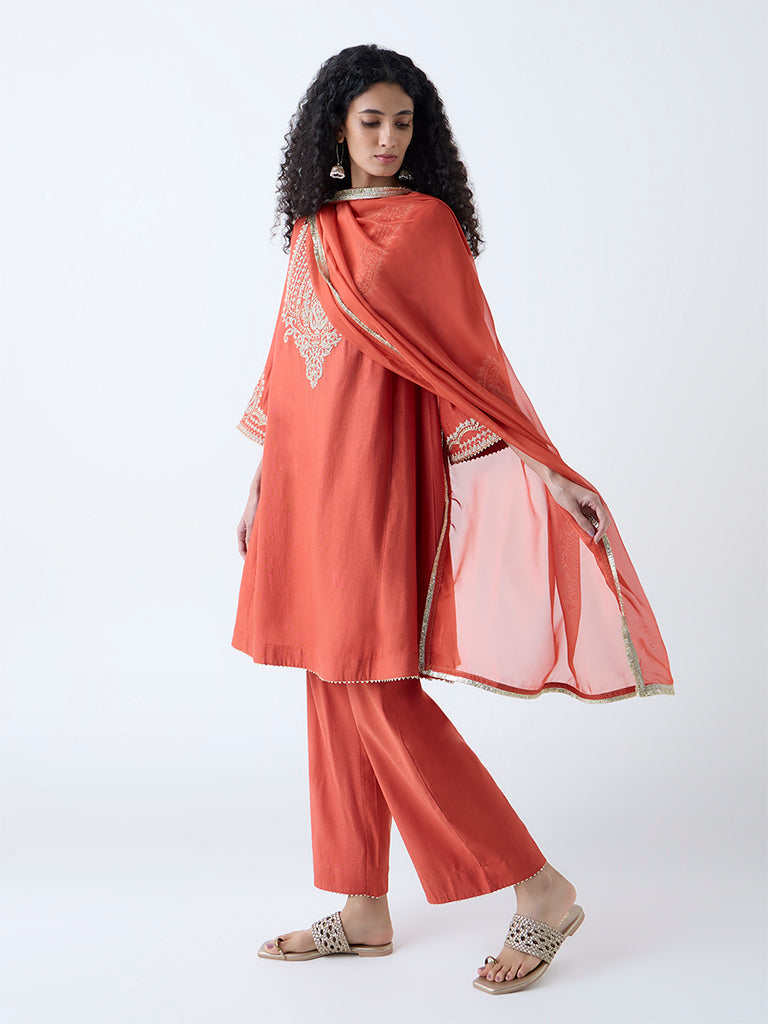 Westside Vark Women's Rust Embellished A-Line Ethnic Set for Festive Wear Full View