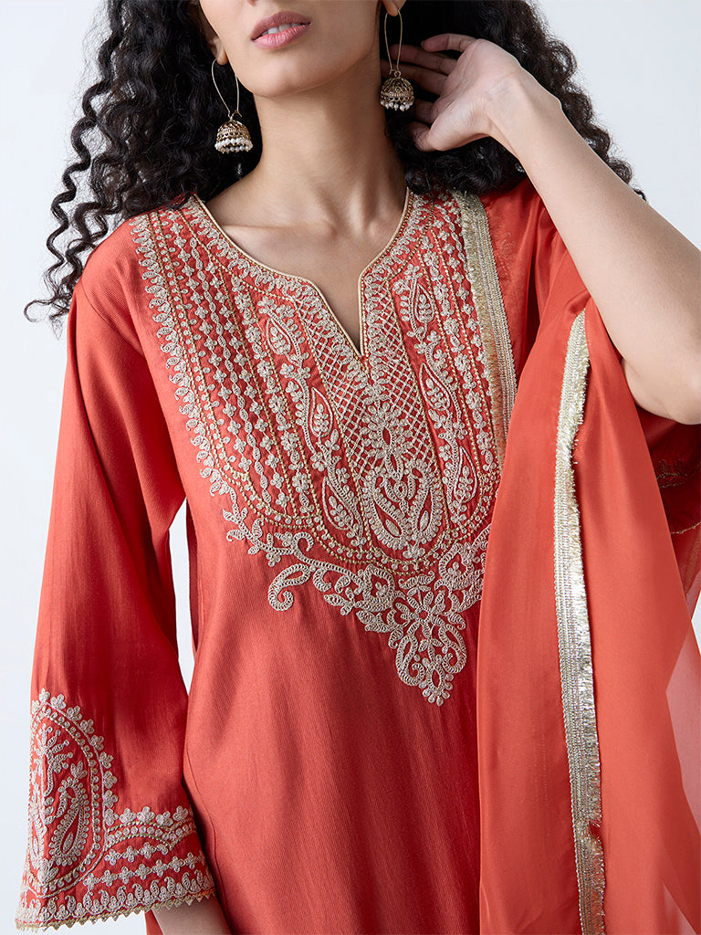 Westside Vark Women's Rust Embellished A-Line Ethnic Set for Festive Wear Zoomed View