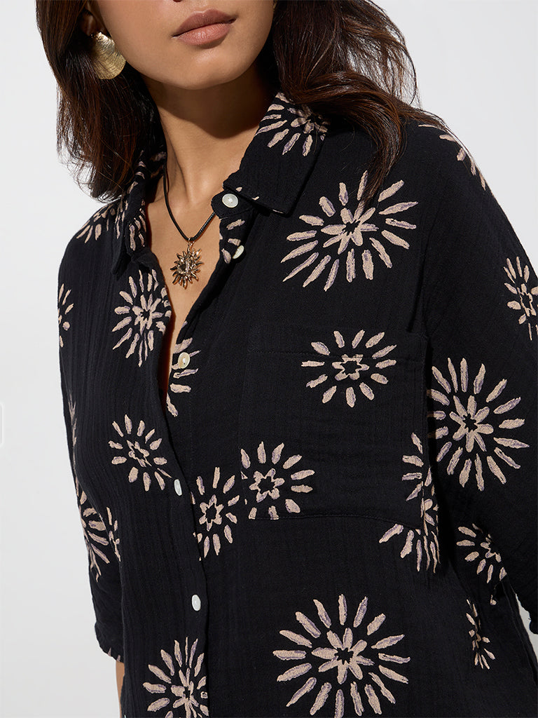 Westside Wunderlove Women's Black Floral Detailed Cotton Beach Shirt for Beachwear Zoom View
