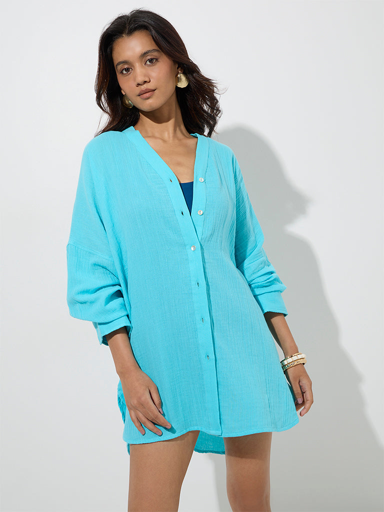 Wunderlove Aqua Crinkle-Textured Cotton Oversized Beach Shirt