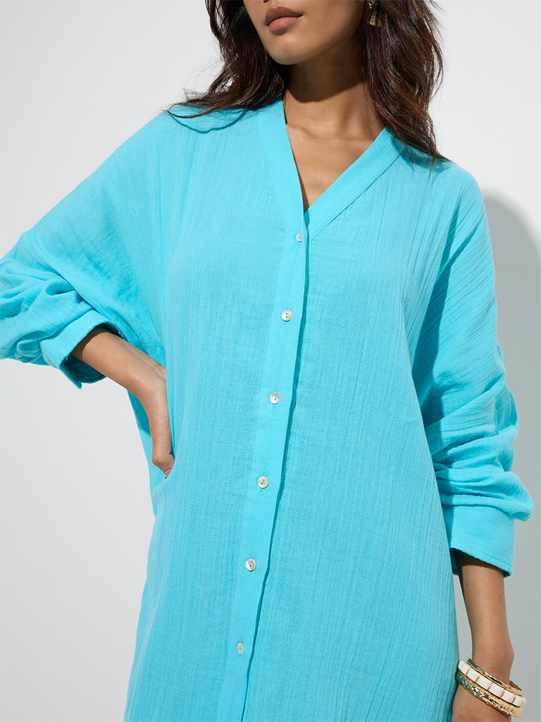 Wunderlove Aqua Crinkle-Textured Cotton Oversized Beach Shirt
