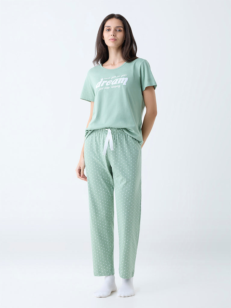 Wunderlove Mint Printed Cotton-Blend Shirt and Pyjama Set