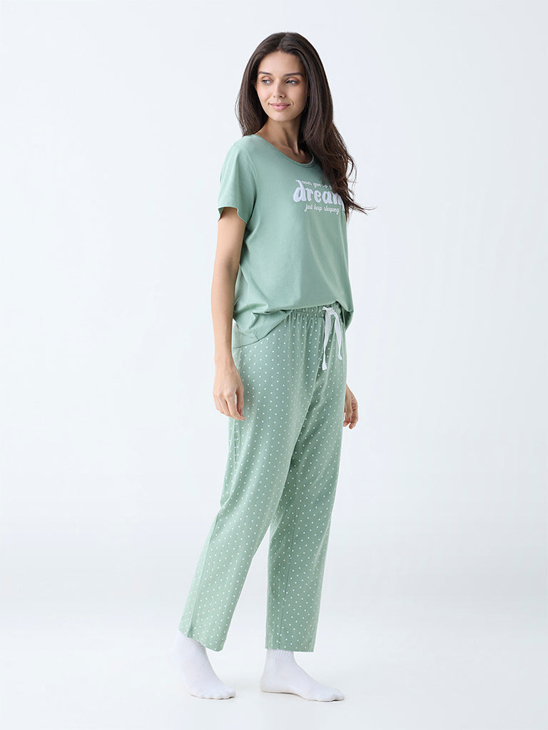 Wunderlove Mint Printed Cotton-Blend Shirt and Pyjama Set