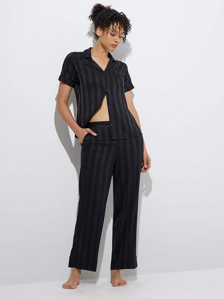 Westside Wunderlove Women's Black Self-Striped Shirt and Pyjamas Set for Casual Wear Front View