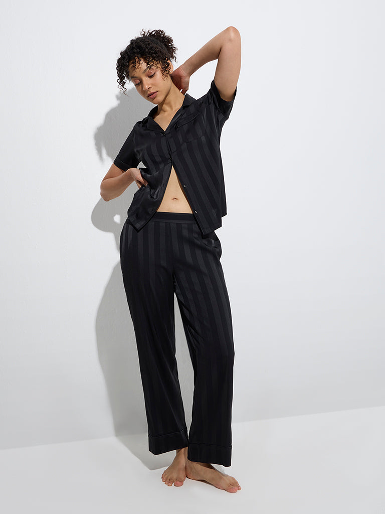 Westside Wunderlove Women's Black Self-Striped Shirt and Pyjamas Set for Casual Wear Full Model View