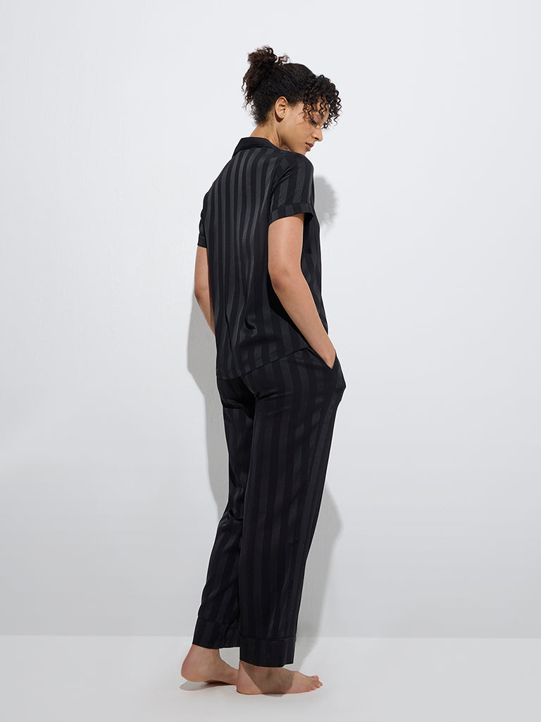 Westside Wunderlove Women's Black Self-Striped Shirt and Pyjamas Set for Casual Wear Back View