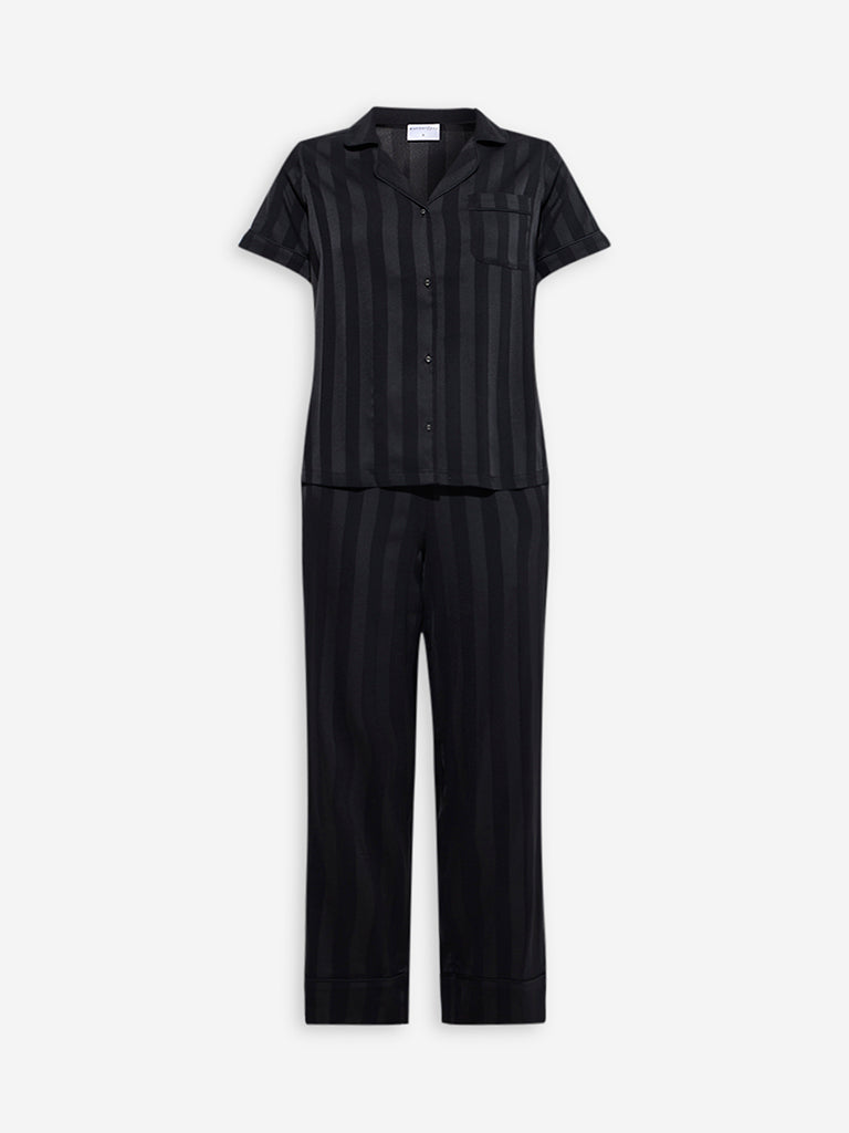Westside Wunderlove Women's Black Self-Striped Shirt and Pyjamas Set for Casual Wear Flatly View