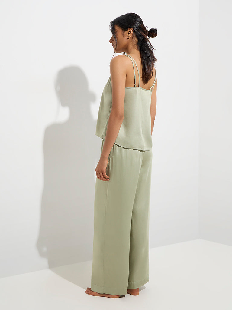 Westside Wunderlove Women's Sage Solid High-Rise Satin Pants for Casual Wear Back View