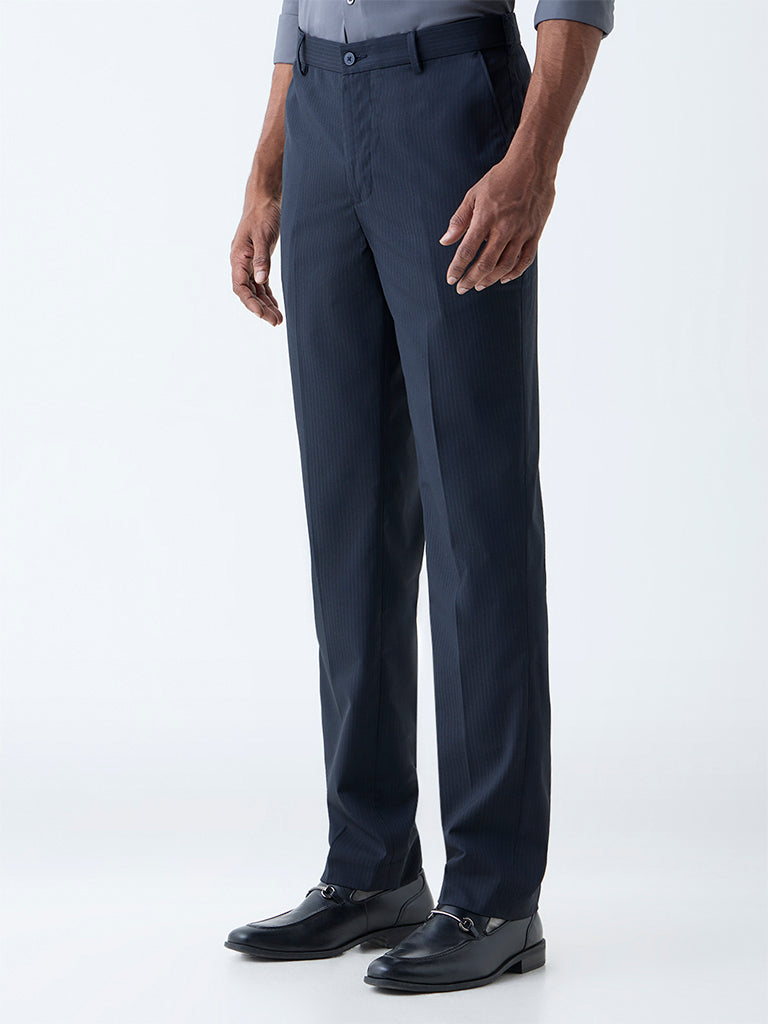 WES Formals Navy Pinstriped Relaxed-Fit Mid-Rise Trousers