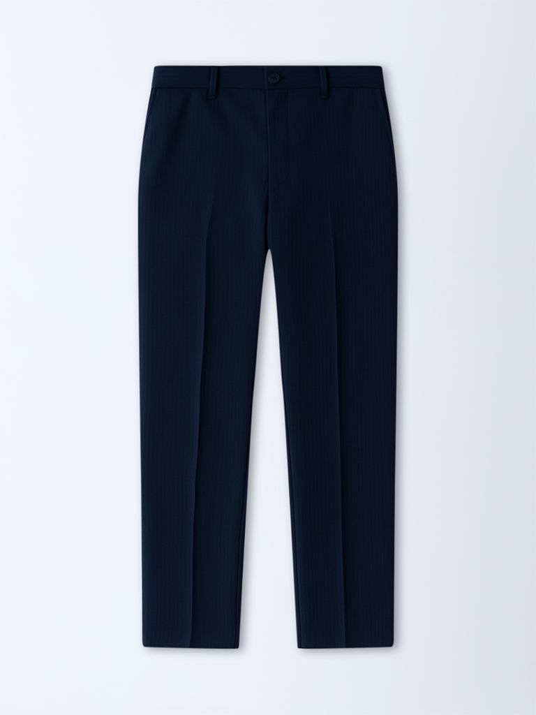 WES Formals Navy Pinstriped Relaxed-Fit Mid-Rise Trousers