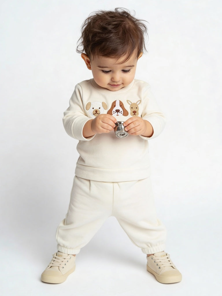 HOP Baby Boys Off-White Animal Design Sweatshirt and Joggers Set