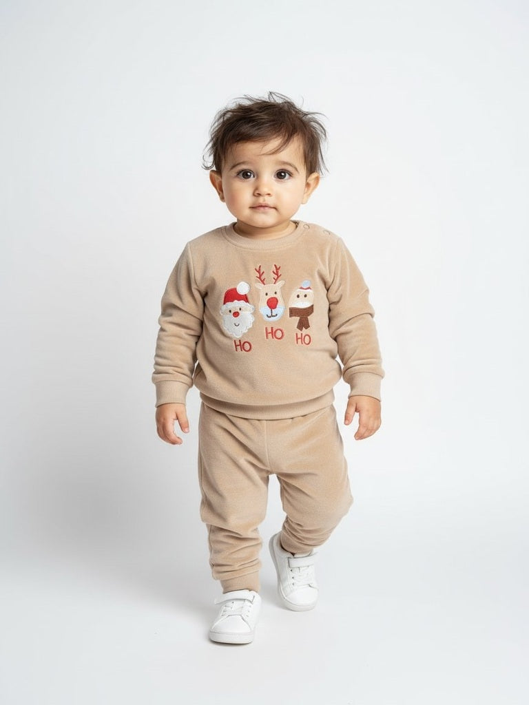 HOP Baby Beige Christmas-Themed Sweatshirt and Pants Set