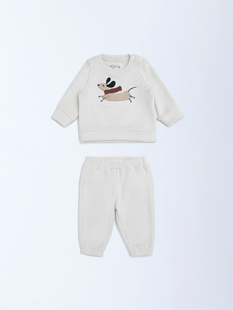 HOP Baby White Animal Embroidered Top and Pants Set