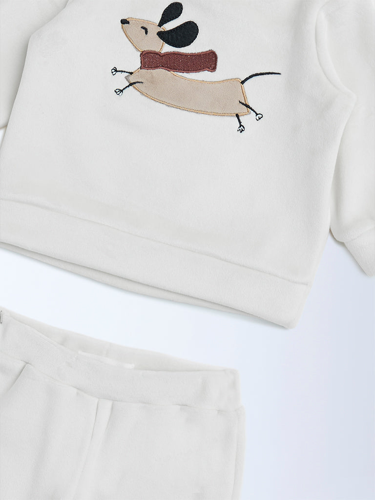 HOP Baby White Animal Embroidered Top and Pants Set