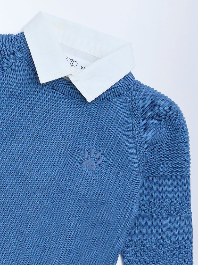 HOP Baby Boys Blue Knit-Textured Cotton Sweater