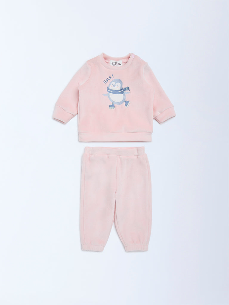 HOP Baby Girls Pink Embroidered Sweatshirt and Pants Set