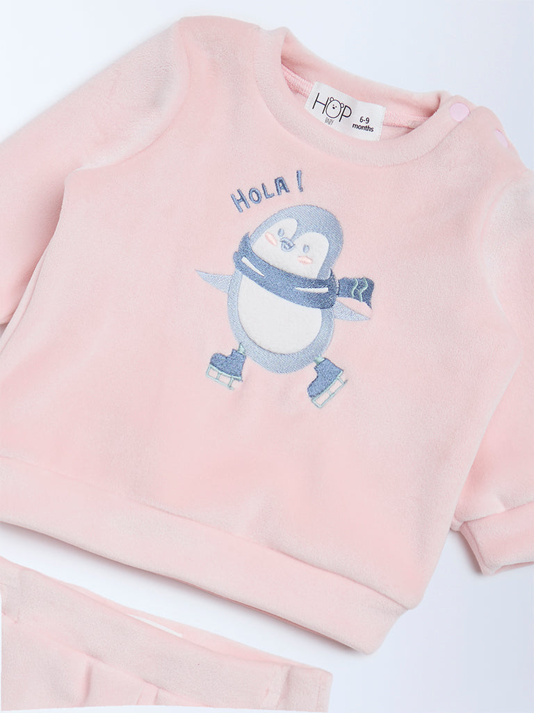 HOP Baby Girls Pink Embroidered Sweatshirt and Pants Set