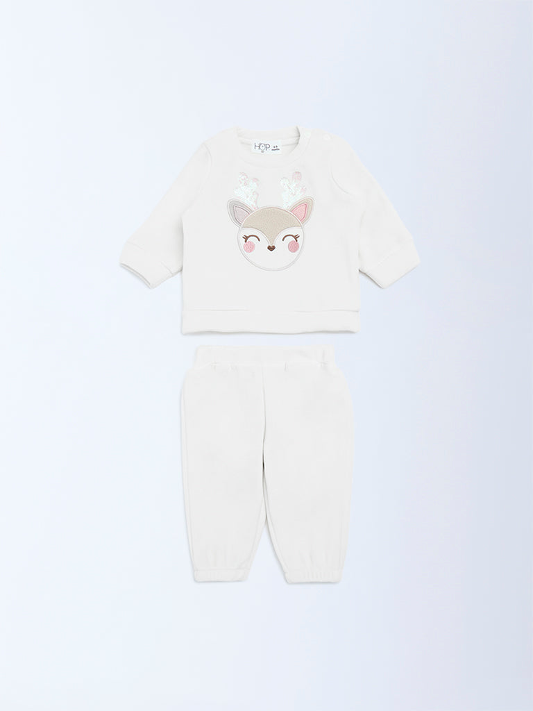 HOP Baby White Embroidered Sweatshirt and Joggers Set