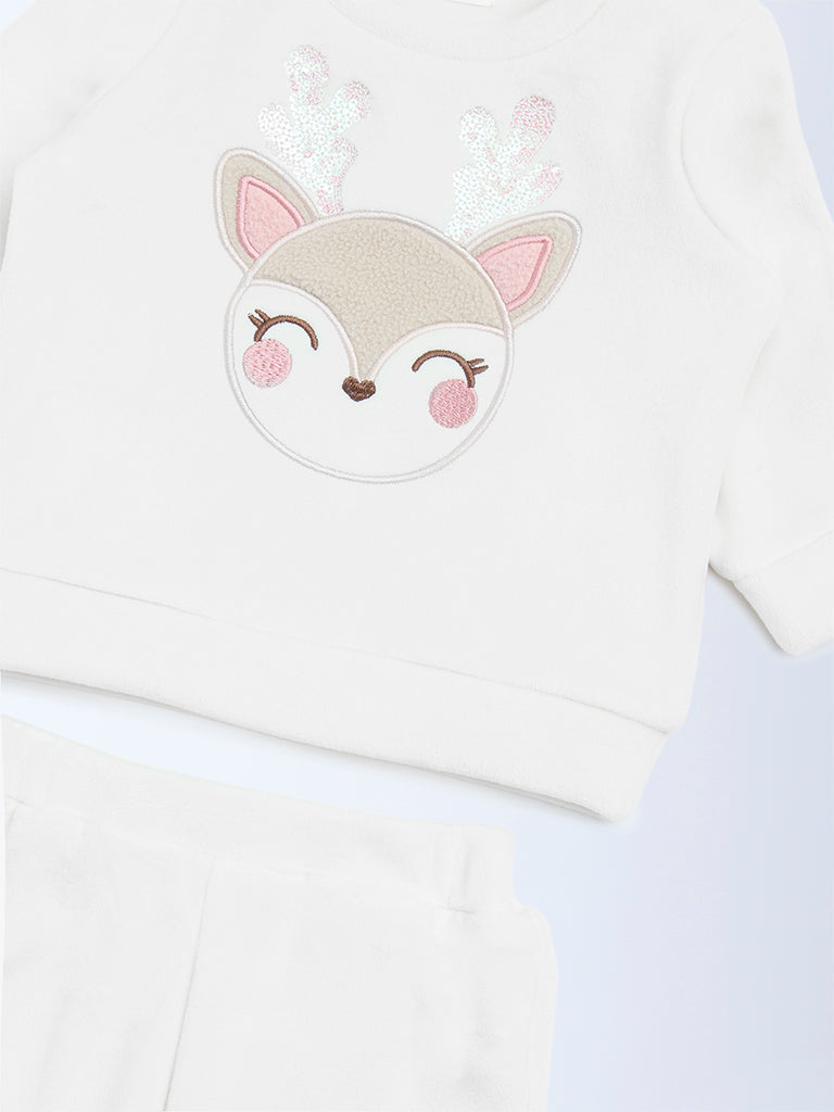 HOP Baby White Embroidered Sweatshirt and Joggers Set