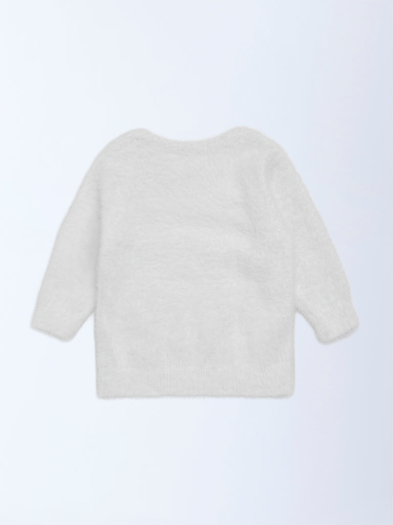 HOP Baby Girls White Embellished Fleece Sweater