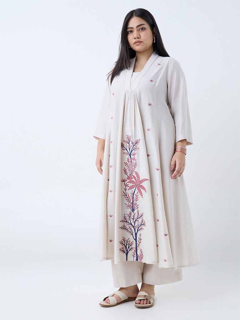 Westside Diza Women's Beige Botanical Design A-Line Kurta for Work Wear Front View